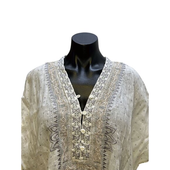 Johnny Was White Embroidered Linen Blouse w/Geometric Patterns & Buttons Size L - Picture 3 of 8